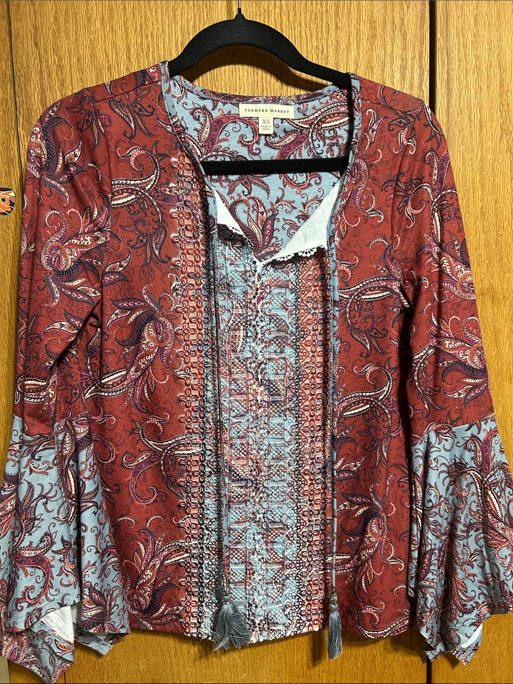 Farmers Market Paisley Split-Sleeve Tunic in Rust & Light Blue